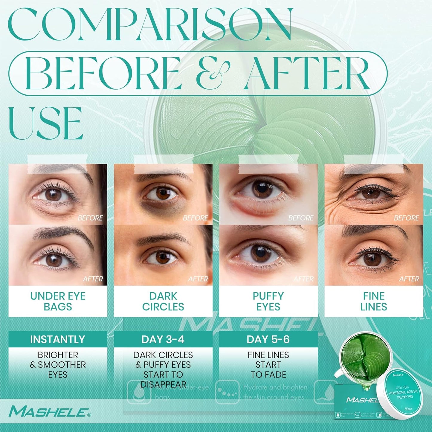 Korean 60pcs Aloe Vera Collagen Under Eye Gel Patches Mask, Treatment for Puffy Eyes, Dark Circles, Anti Wrinkle Pads, Moisturizing for Women and Men (60pcs patches aloe vera)