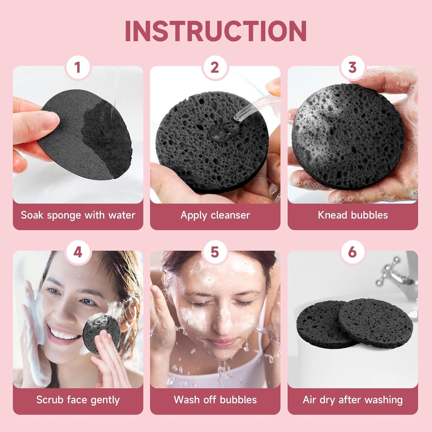 100 Count Compressed Facial Sponges 100% Natural Cellulose Eco-Friendly Makeup Sponges for Gentle Cleansing, Exfoliating & Stubborn Makeup Removal Travel for Women (Round Black)