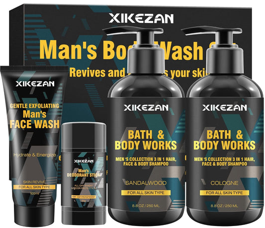 Gifts for Men,Mens Body Wash Gift Set Cleansing & Hydrating Skin w/Face Wash,Deodorant,Sandalwood & Cologne 3 in 1 Hair,Face & Body Wash,Mens Stocking Stuffers Christmas Gifts for Men Him Dad Husband