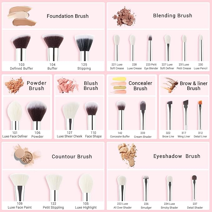 Jessup Brand 25pcs Professional Makeup Brush Set Beauty Cosmetic Foundation Powder Blusher Eyeshadow Blending Highlight Concealer Natural-Synthetic Hair Brushes Set (Pearl White/Silver)
