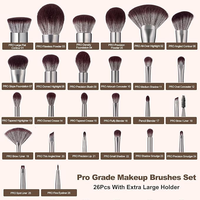 Bueart Design 26 Pcs Chocolate-colored Gift Makeup Brushes Set with Extra Large Holder,Elegant Make up Brushes for Foundation,Face Blending Powder, Contour, Highlight, Concealer, Eyeshadow