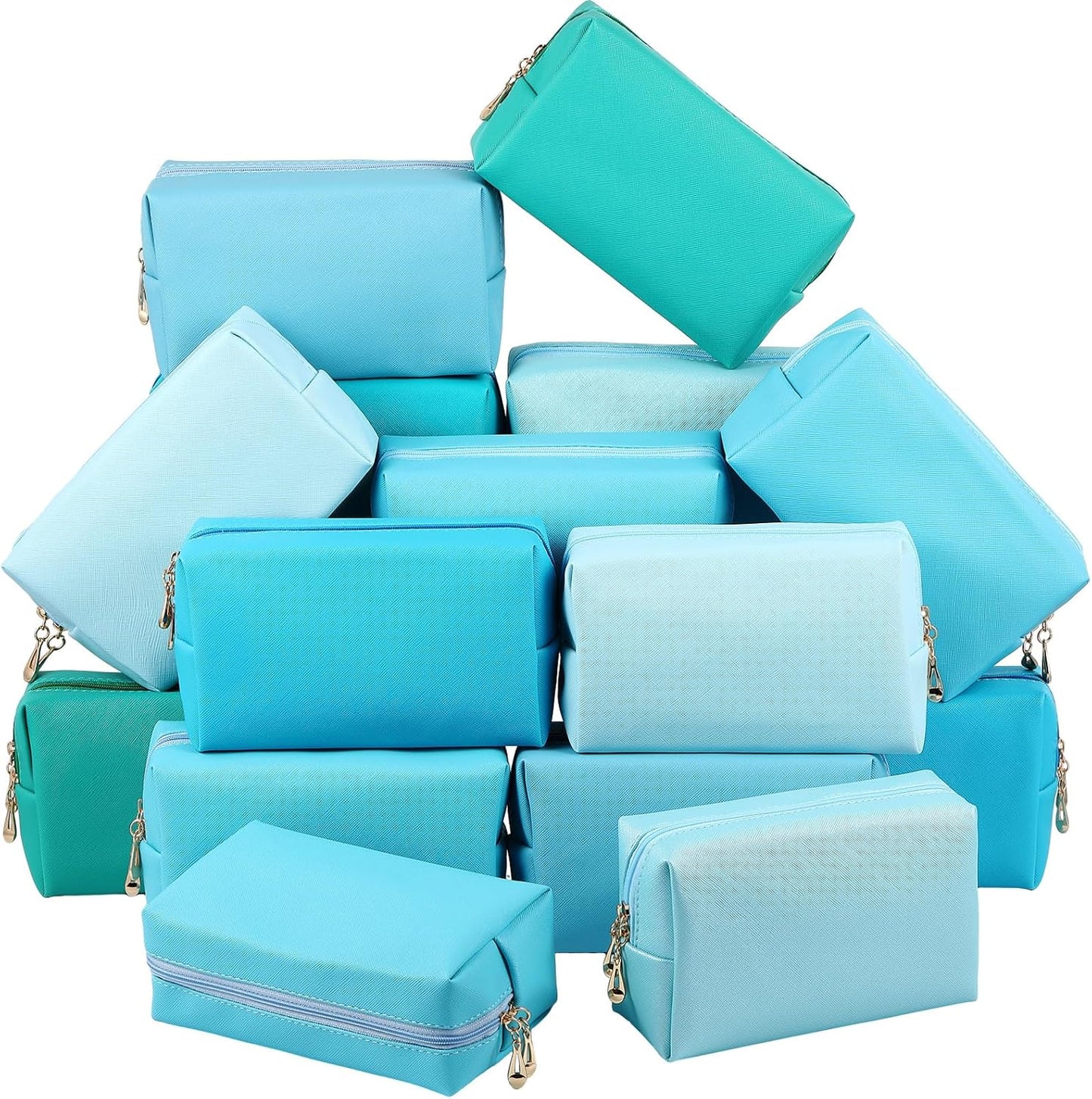 Kigeli 15 Pcs Aesthetic Makeup Bags PU Leather Cosmetic Pouches Waterproof Plain Toiletry Bags Makeup Pouches Bulk for Women Party Gift Travel Storage Organizer(Blue Teal)