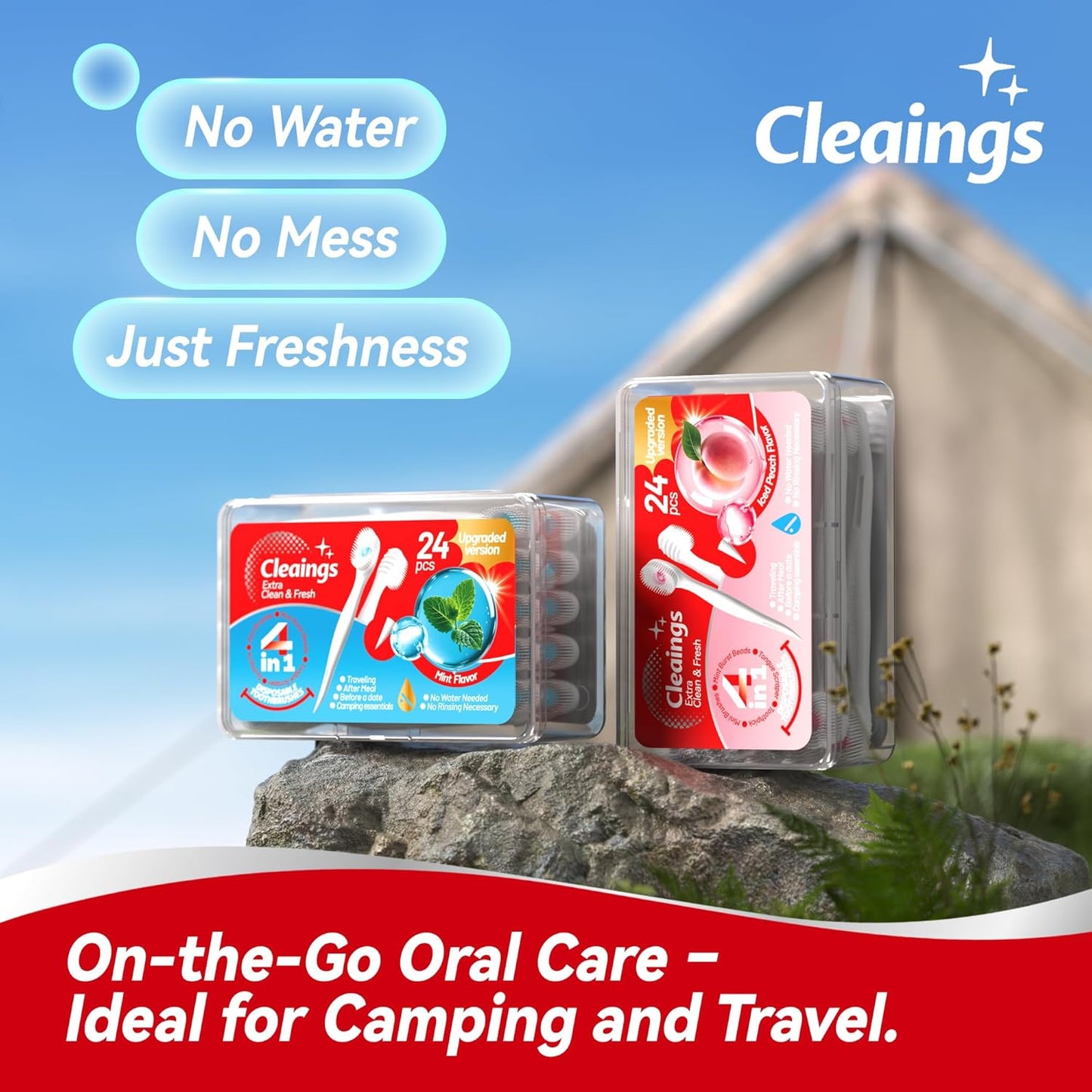 cleaings® Mini Disposable Toothbrush Set with Toothpaste – Travel Essentials, Portable Toothbrush for Women & Men, Camping, Road Trip, Vacation, 24 Count-Ice Strawberry Flavor（Pack of 5）