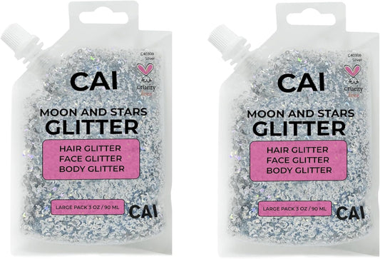 Face, Body & Hair Glitter Gel – Halloween Glitter for Kids and Women – 3 Oz Cosmetic-Grade Gel w/Moon & Stars for Festivals & Halloween Party, Easy Apply & Wash Off - Silver 2Pack