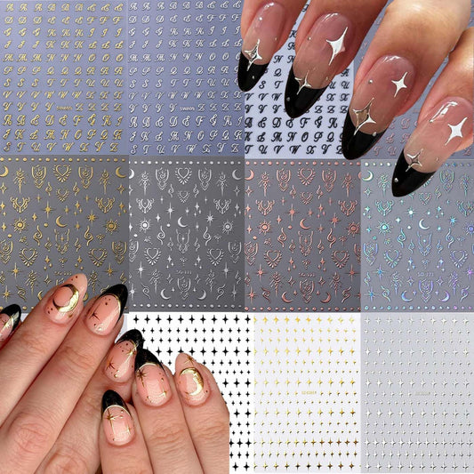 12 Sheets Star Nail Stickers Moon Letter Nail Art Stickers 3D Embossed Self Adhesive Nail Decals Rose Gold Silver Holographic Nails Design Nail Art Decals for Women Manicure DIY Decoration