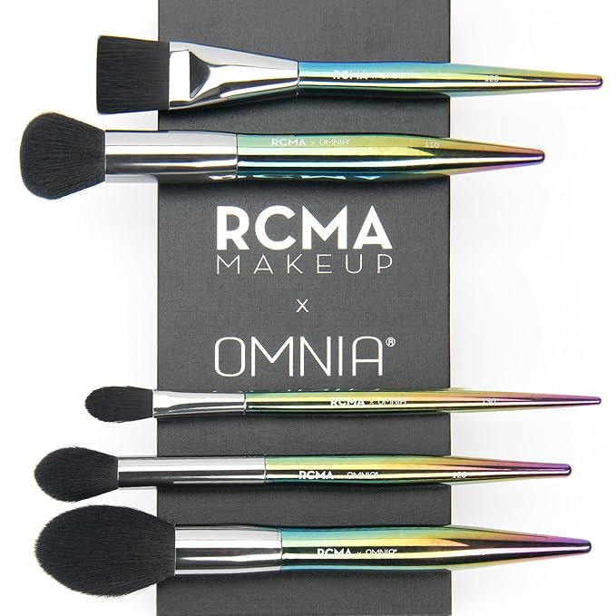 RCMA Makeup x Omnia Professional Makeup Brush 5pc Set, Premium Synthetic Fiber, Iridescent Acrylic Handle, Face Powders, Complexion and Foundation Blending Application Brush set.