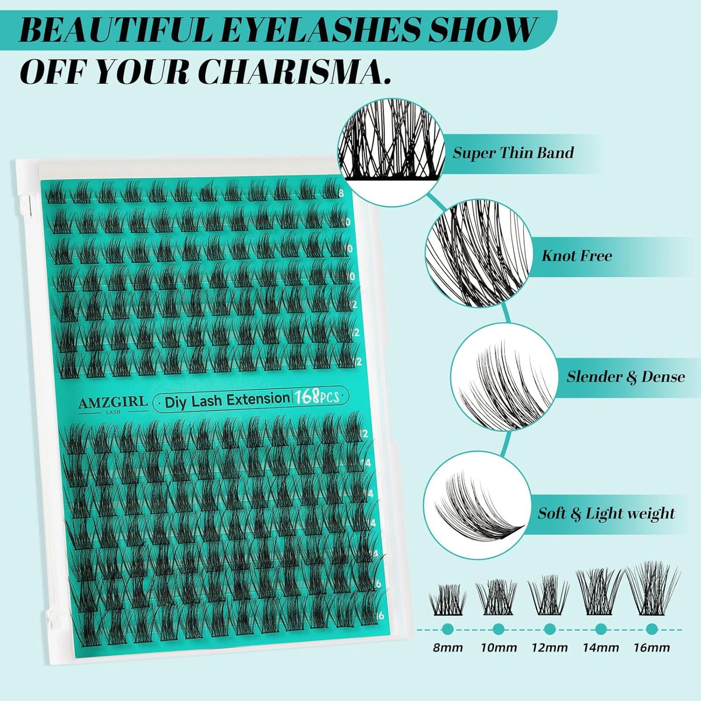 Lash Extension Kit,DIY Eyelash Clusters Kit 168Pcs with Lash Bond and Seal Glue Waterproof,Eyelashes Remover for Lash Cluster Extensions Kit for Beginner,Lashes Applicator Tool(Medusa,D-Mix8-16mm Kit)