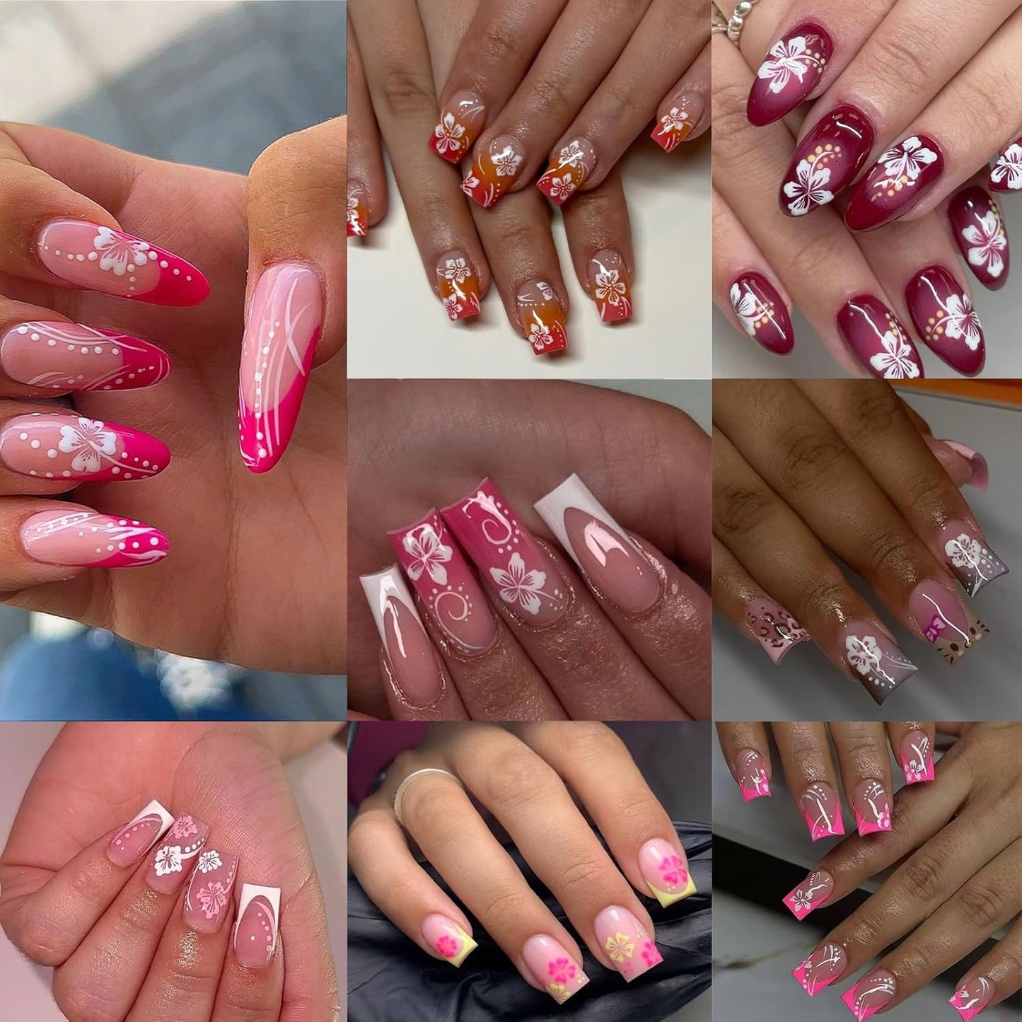 8 Sheets 3D Colored Flower Nail Stickers Summer Hibiscus Nail Decals 3D Self-Adhesive White Pink Gold Flower Pattern Women's Nail Art Supplies Decoration Accessories