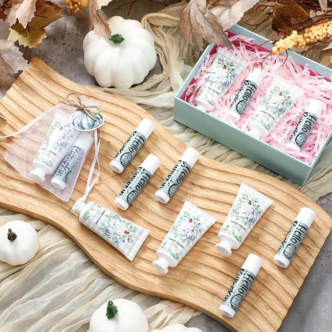 144 Pcs Fall Lip Balm Hand Cream Set Party Favors, Include 36 Blue Pumpkin Lip Balm 36 Moisturizing Hand Cream 36 Bags 36 Cards and Ropes for Autumn Accessories Gifts