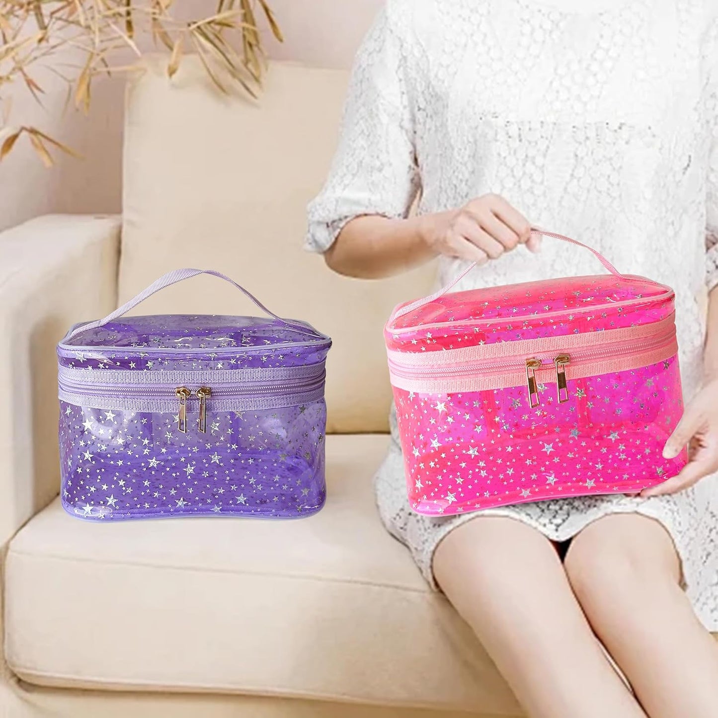 Holographic Makeup Bags Bulk,Clear Storage Bag Toiletry Pocket Portable Zippered Iridescent Pouch Waterproof Cosmetic Gift Bags for Women (Pink-L)