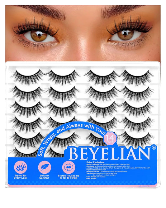 BEYELIAN False Eyelashes 14 Pairs Eye Lashes 12-18mm Strip Lash Pack Soft 3D Volume Faux Mink Lashes That Look Like Extensions C180