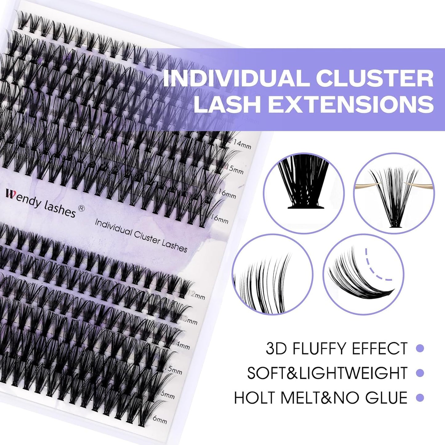 Lash Clusters Kit for Using at Home: Ultra-light, DIY, Natural, Fluffy, Wispy, Waterproof, Anime, Manga, Cat Eye, C Curl, 12-16mm, 40P+50P, Wendy, RT318