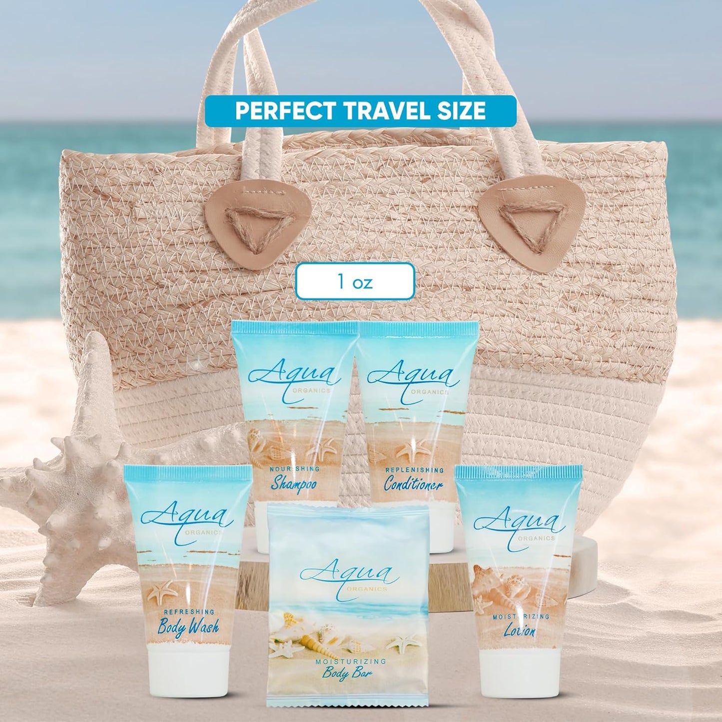 | Aqua Organics Hotel Soaps and Toiletries Bulk Set | Amenities for Hotels & Airbnb | 1oz Hotel Shampoo & Conditioner, Body Wash, Body Lotion & 1oz Bar Soap Travel Size | 5 Pieces