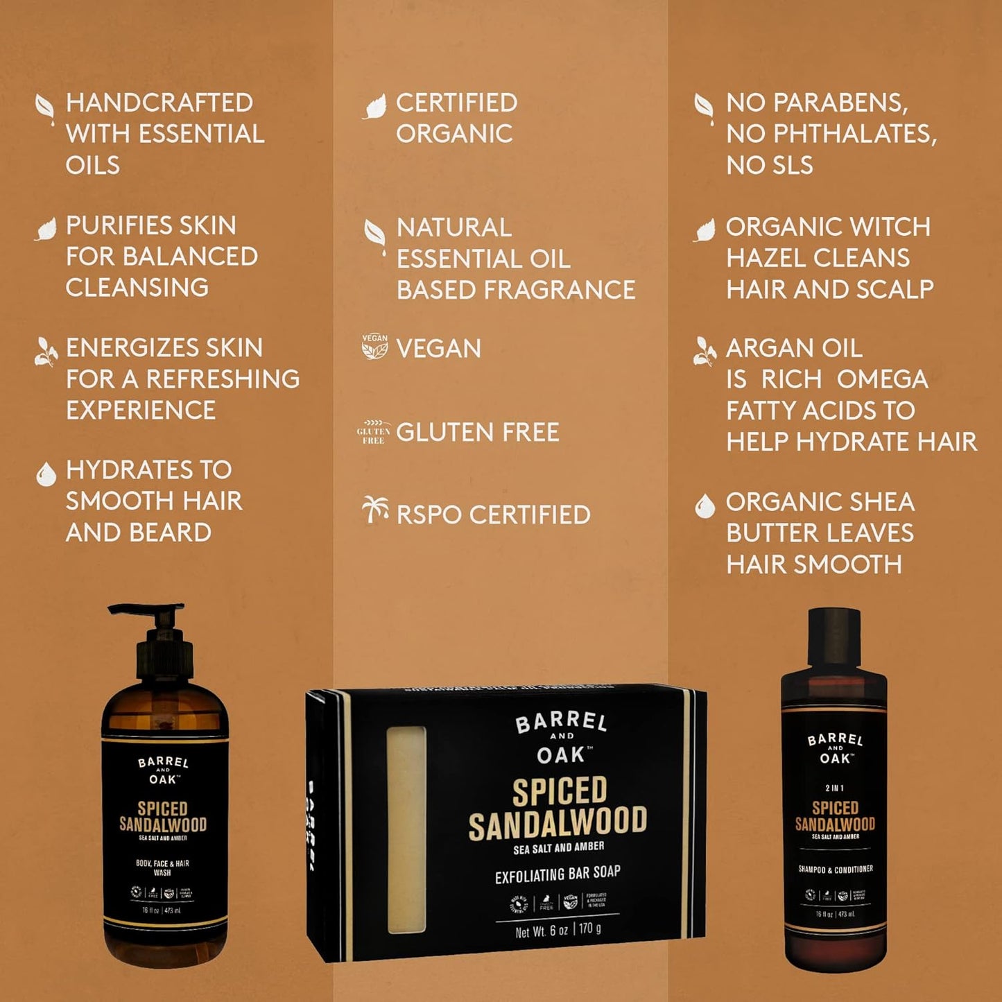 Barrel and Oak - Spiced Sandalwood Body Care Set, Fragrant Sea Salt & Amber Scent, Rich in Essential Oils, Hydrating Formulas, Rich Texture, No Parabens or Phthalates, Certified Organic (3-Pack Set)