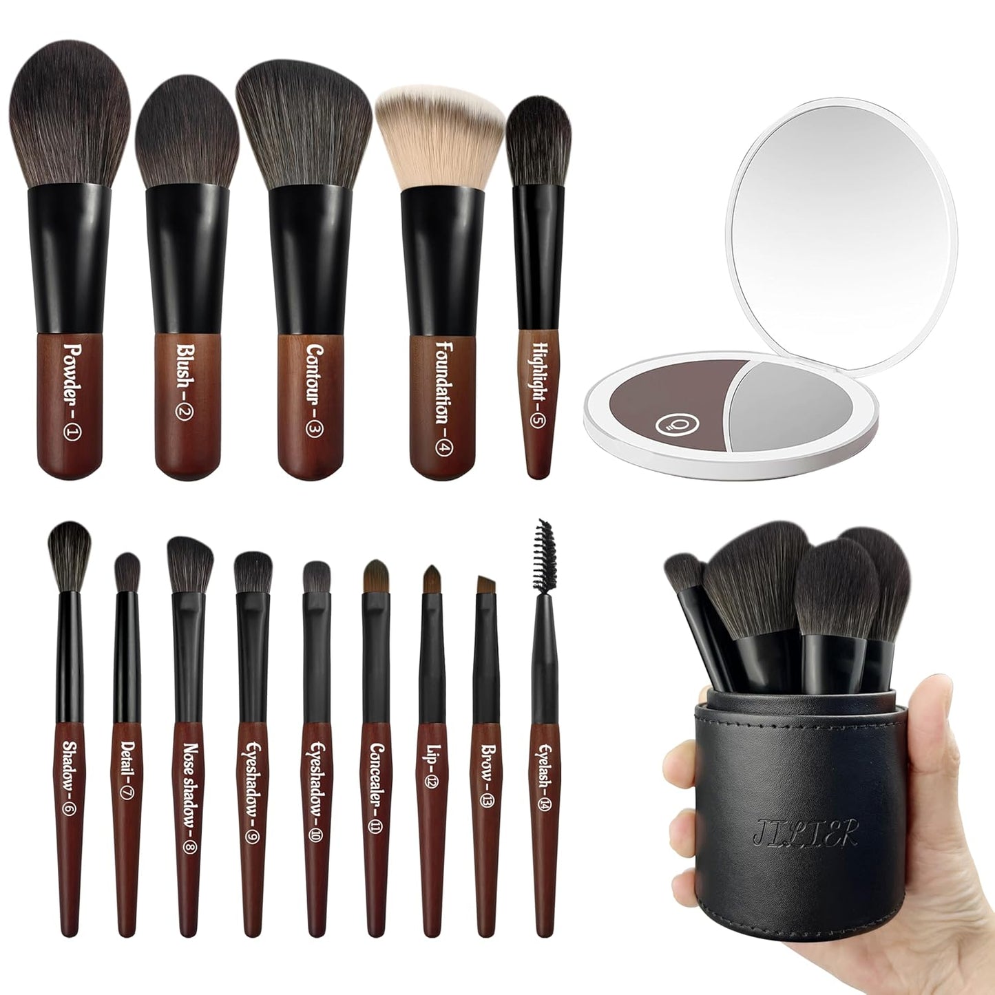 Jilier 14 pcs Mini Makeup Brushes and Pocket Mirror, Travel Makeup Brush Set, LED Compact Mirror with Light, Travel Size with Case, Portable for Handbag, Travel Essentials for Women