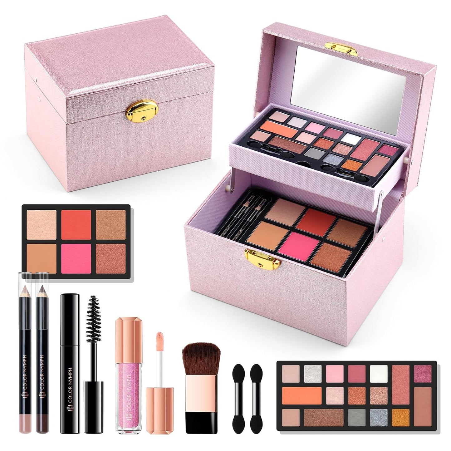 Color Nymph Beginner Makeup Kit For Teens, Girls Makeup kits With Recyclable And Key-Lockable Cabinet Included 17-Colors Eyeshadows Blushes Bronzer Highlighter Lipstick Brushes Mirror(Pink)