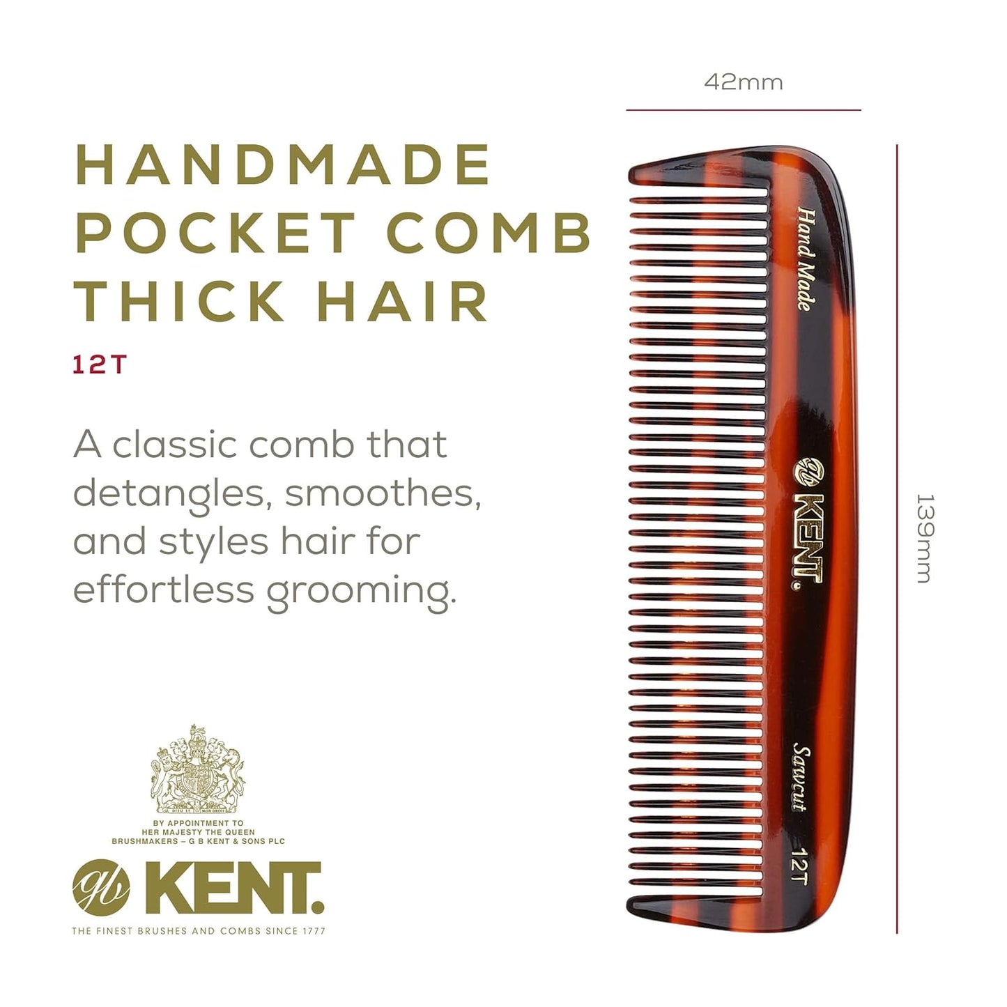 Kent 12T Wide Tooth Detangling Comb - Handmade Pocket Comb for Thick, Curly, and Wavy Hair, Large Tooth for Grooming Hair, Beard, and Mustache - Saw-Cut and Hand Polished