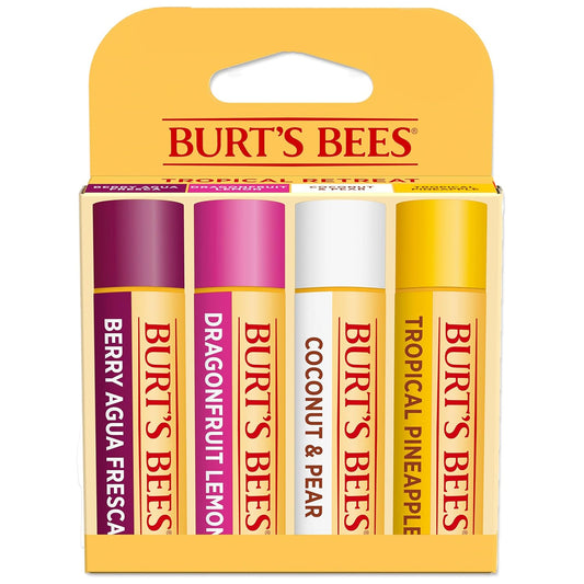 Burt's Bees Lip Balm - Berry Agua Fresca, Dragonfruit Lemon, Coconut & Pear, Tropical Pineapple Pack, With Beeswax, Tint-Free, Natural Origin Lip Treatment, 4 Tubes, 0.15 oz.
