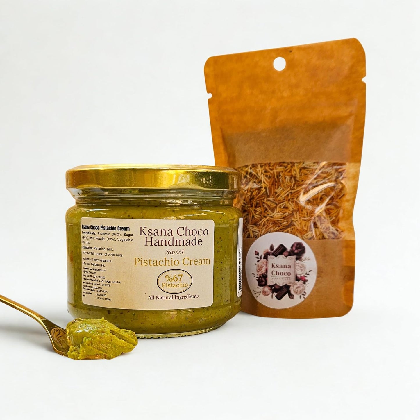 Ksana Choco Pistachio Cream – 67% Turkish Pistachios, 12.3 oz – Palm Oil Free, Handmade Spread – With Free Roasted Kadayif – Perfect for Dubai Chocolate