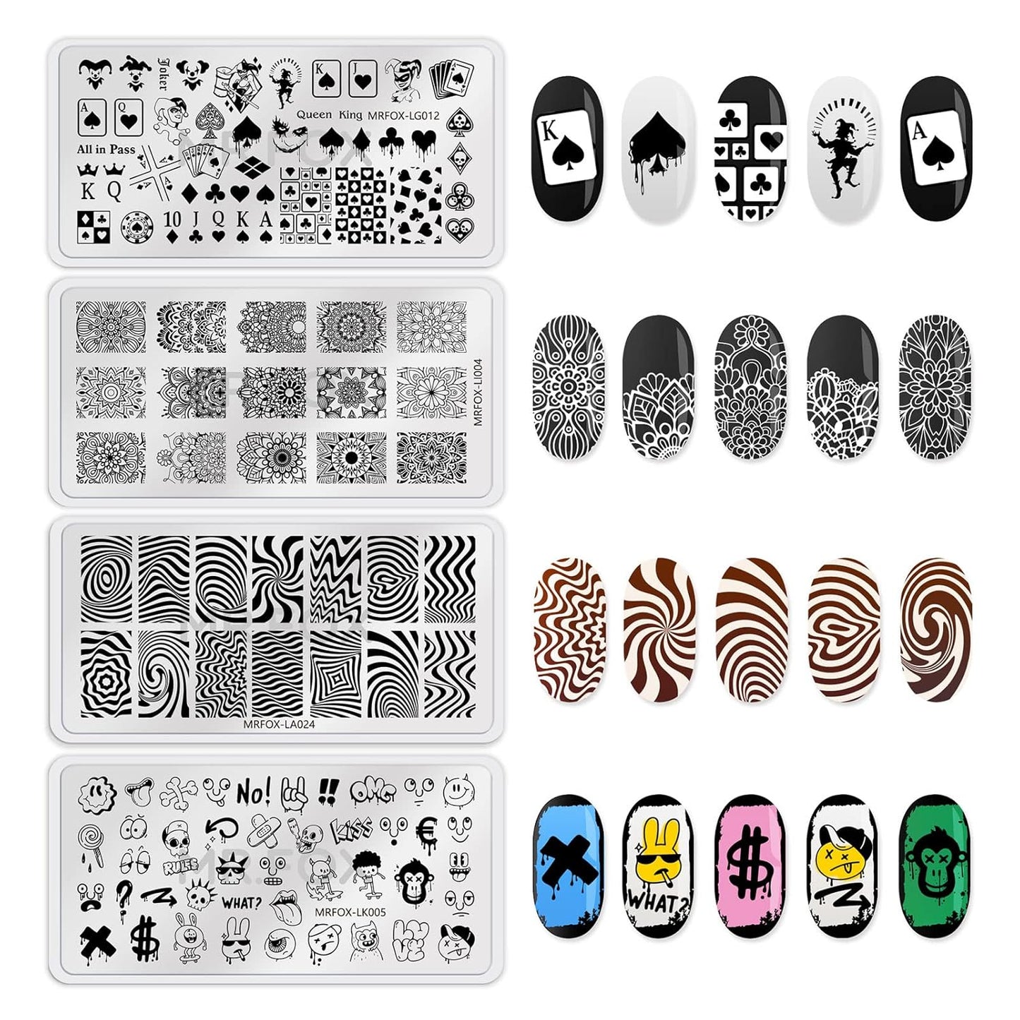 8PCS Halloween Nail Stamping Plates, Pumpkin Skull Bat Poker Image Stainless Steel Stencil, DIY Nail Art Template Tools
