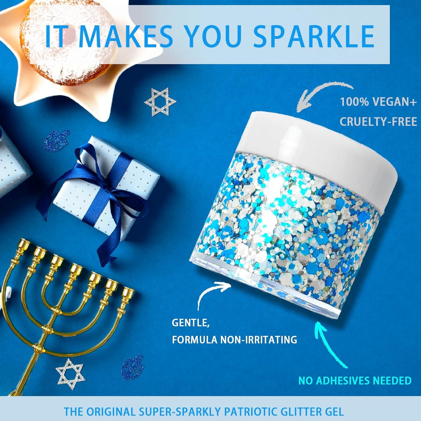 Hanukkah Glitter Gel for Body, Face, Hair and Lip, Color Changing Glitter Gel Under Light (Hanukkah)