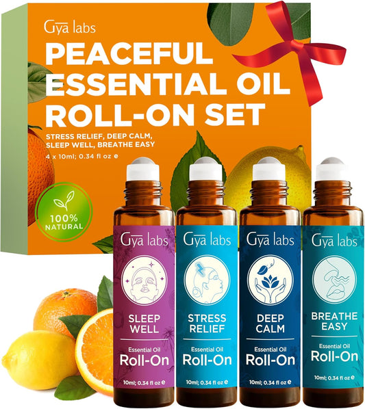 Gya Labs Peaceful Roll on Essential Oils Set - 100% Pure Natural Relaxing Gift for Women & Men - Blend for Calming, Refreshing, Stress Comfort, Aromatherapy Essential Oil Gift Set (0.34 Fl Oz Each)