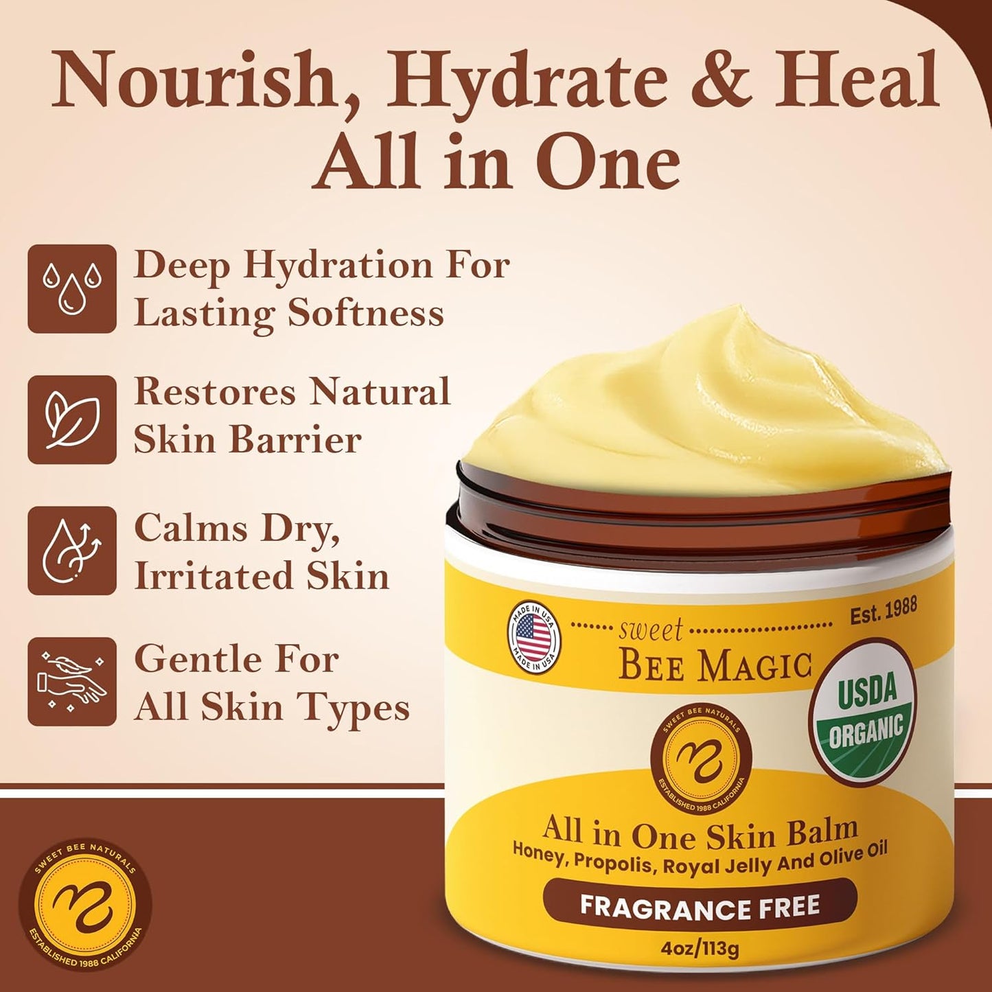Sweet Bee Naturals - Sweet Bee Magic, All In One Healing Skin Cream. Organic Skin Balm, Small Batch Crafted in USA, 4 Ounce Jar. Certified Organic, 2-4 Ounce Jars (8 Ounce)