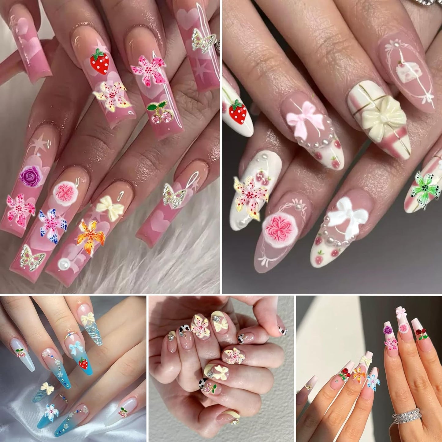 Flower Bow Nail Charms and Gems, 3D Resin Blossom Petals with Caviar Beads Charms for Nails Design，Flatback Pearl Charms Cherry Butterfly Rhinestone Nail Charms for Manicure DIY