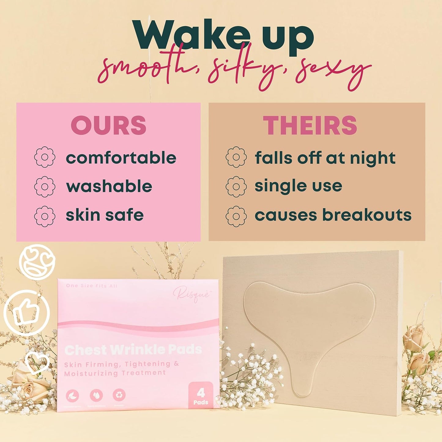 Chest Wrinkle Pads | Wrinkle Patches Reusable | Anti Wrinkle Patches | Chest Wrinkle Pillow Pads for Smoother, Youthful Skin Long-Lasting | Chest Patches for Wrinkles | Reusable Patch for Chest 4 Pack