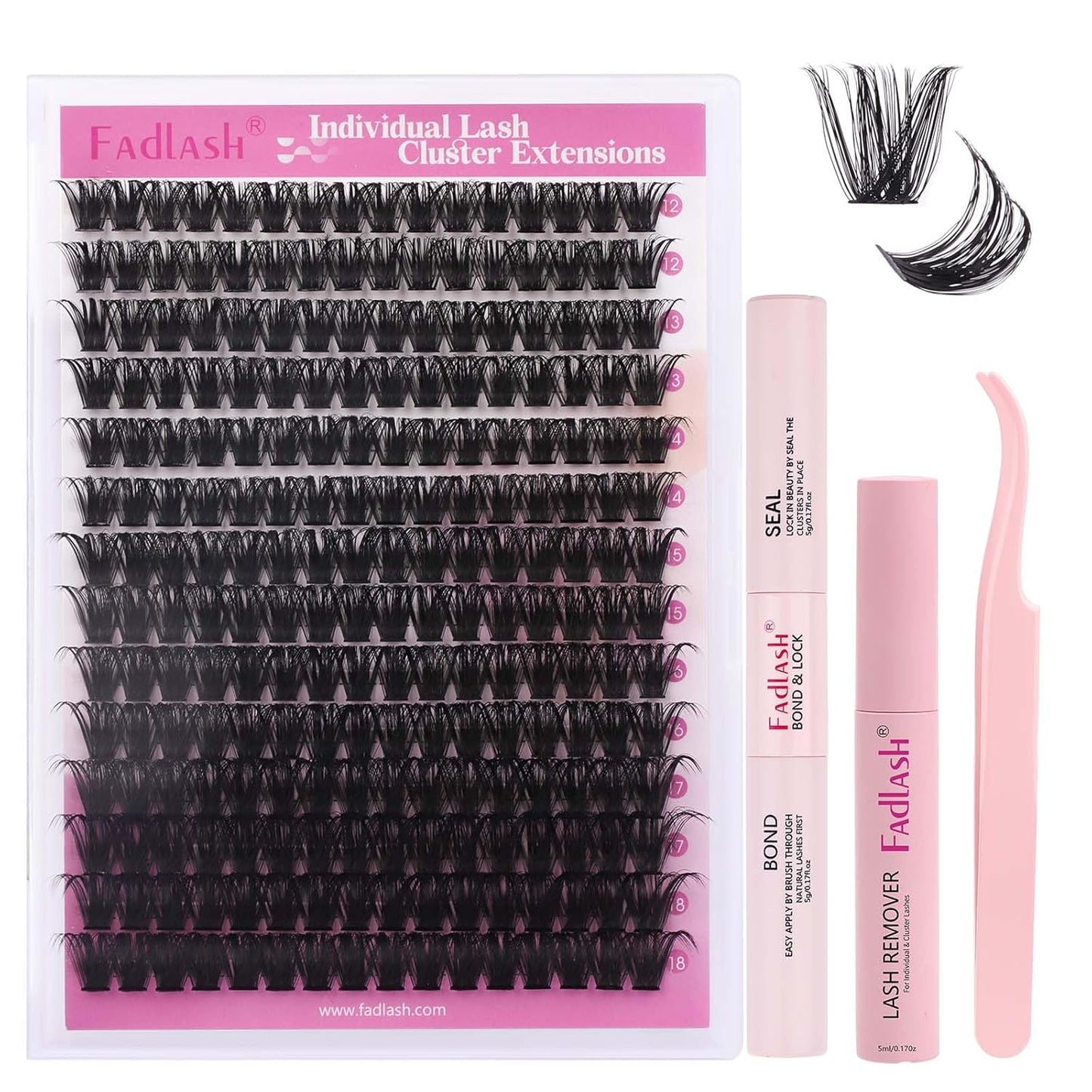 FADLASH Lash Extension DIY Kit Lash Clusters D Curl Cluster Lashes with Lash Bond and Seal Cluster Lashes Glue Remover Lash Tweezers for DIY Eyelash Extension at Home（Kit 100D-0.07D-12-18MIX）, black