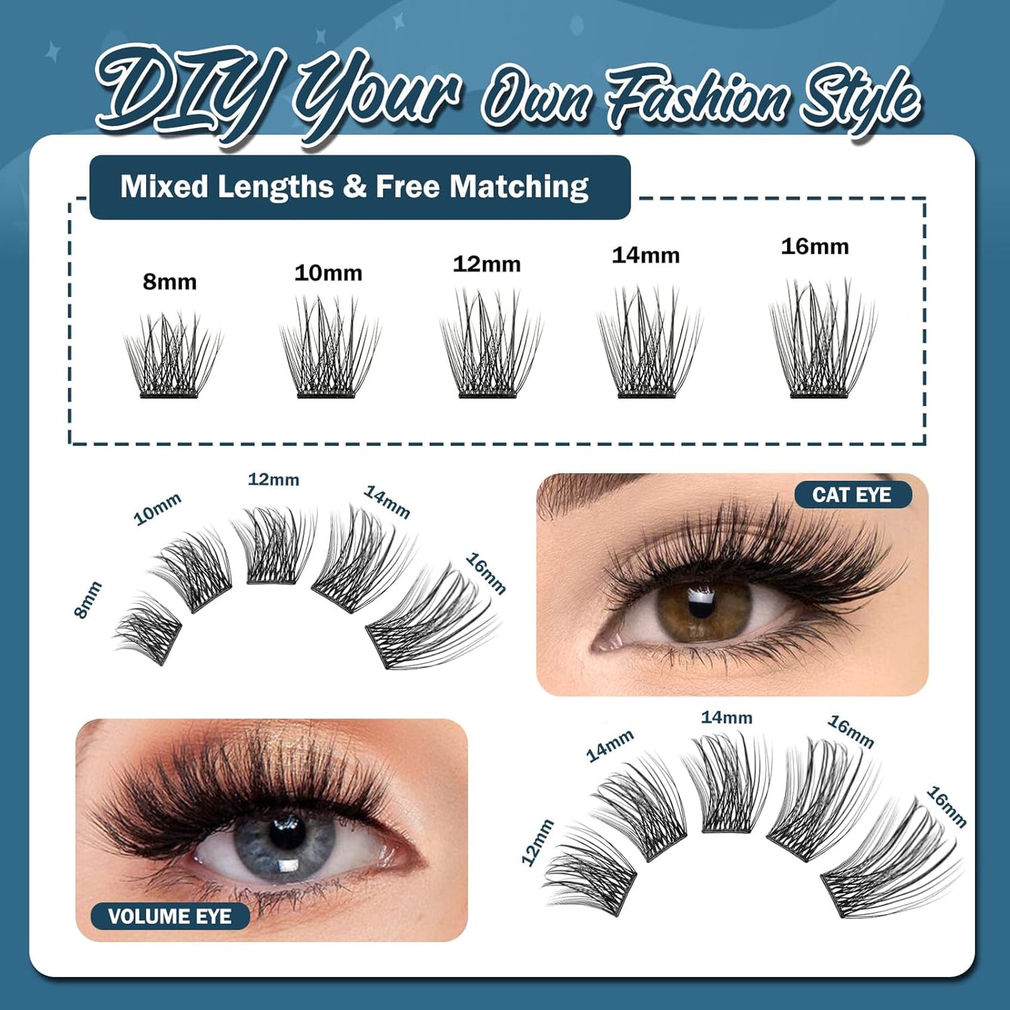 Self Adhesive Eyelashes, 156 PCS Self Adhesive Eyelash Clusters, No Glue Needed, Glue Strips Individual Lash Extension Super Sticky Reusable False Lashes (Fluffy-Mixed)