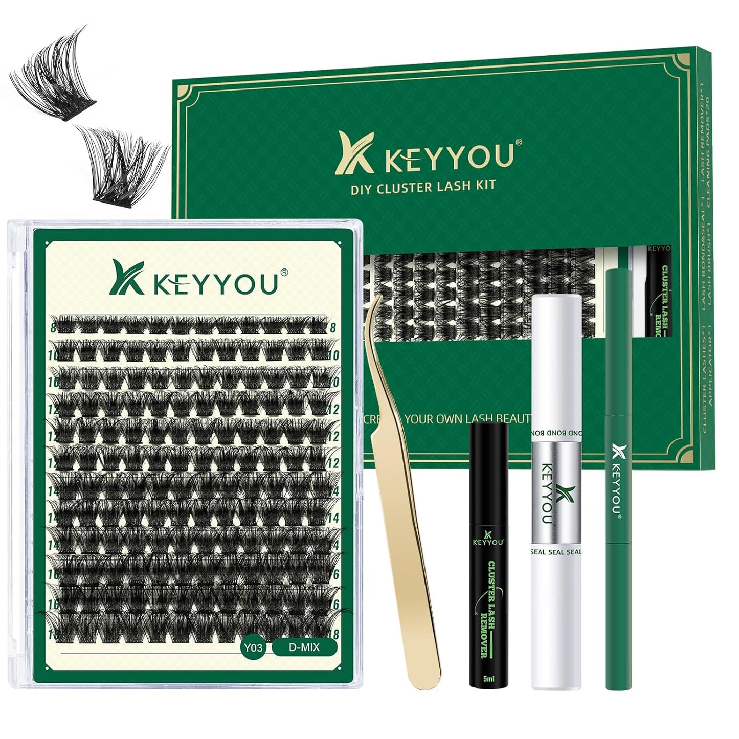 DIY Lash Extension Kit KEYYOU 144pcs Lash Clusters Eyelash Extension Kit with Mascara Brush Bond and Seal Lash Glue Remover Lash Applicators Lash Brush for DIY Lash Extensions (Y03 Kit)