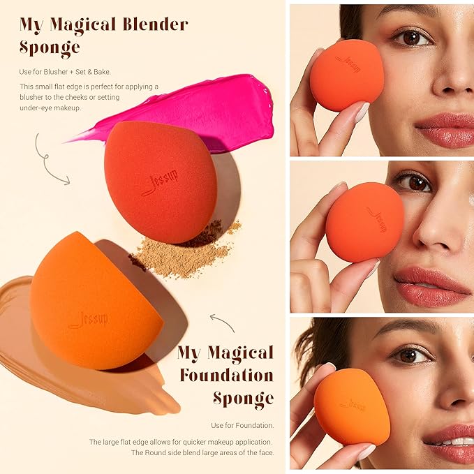 Jessup Foundation Brush with Makeup Sponge Set, 1pc Flat Top Kabuki Brush and 3pcs Make up Sponges for Concealer Blending Blush Powder Buffing Stippling with Gift Box, T505