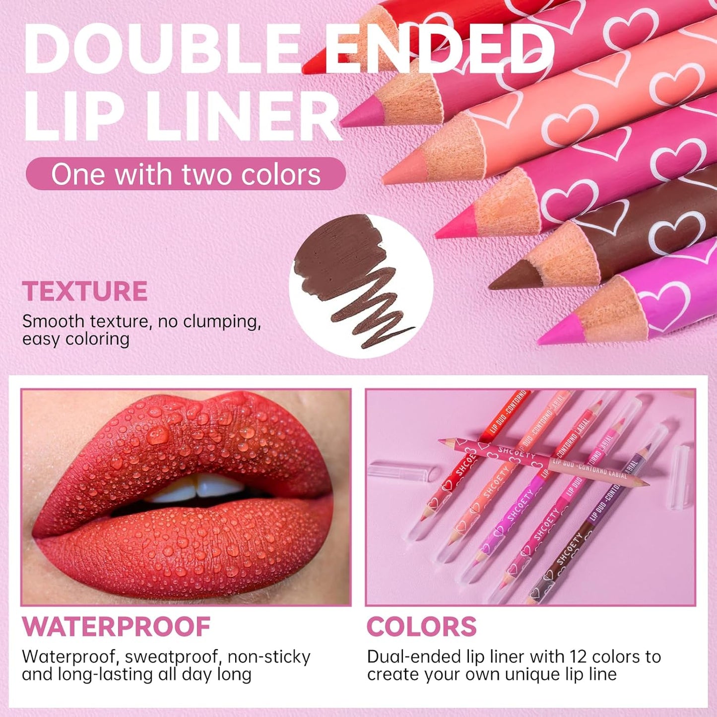 6Pcs Lip Liner Pencil Set Red Pink Purple Brown Double Head Two Colors Matte Finish Waterproof Longlasting High Pigmented Cream Lipstick Lip Colors Pencil Kit with Sharpener Lip Makeup