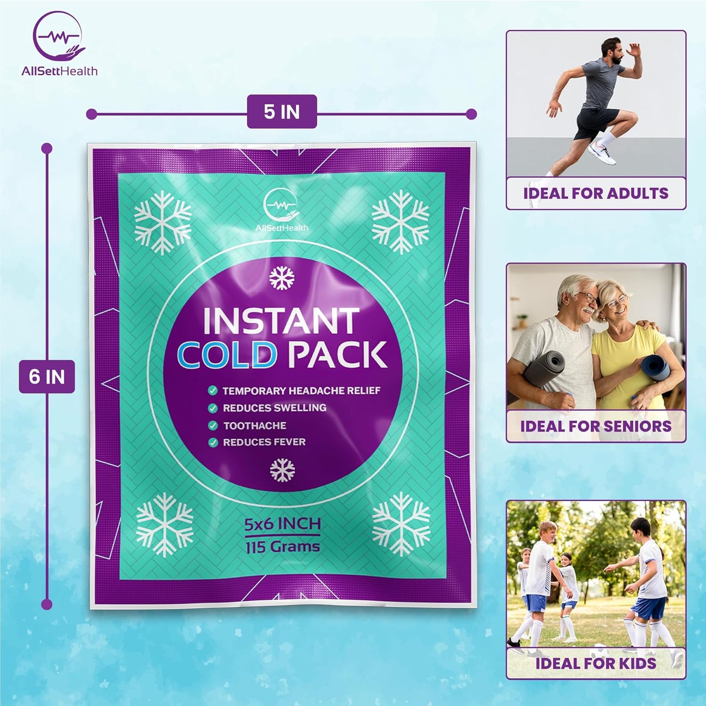 Disposable Instant Ice Cold Packs (6” x 5”) Bulk 50 Pack | Cold Compress Ice Pack for Pain Relief, First Aid & Outdoor