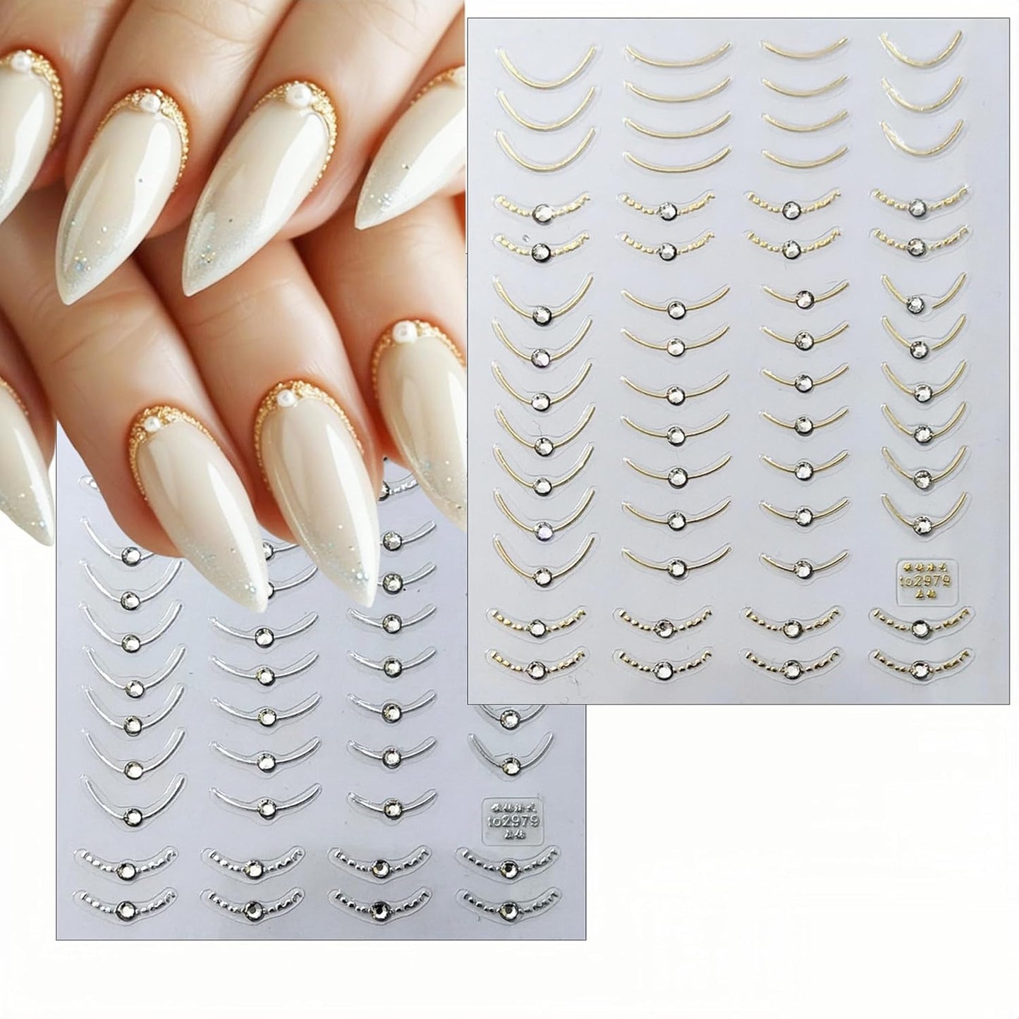 2 Sheets French Tips Nail Art Stickers - 5D Holographic French Simple Gold Silver Line Nail Stickers with Crystal Diamond Design Nail Decals for Women Manicure Decorations