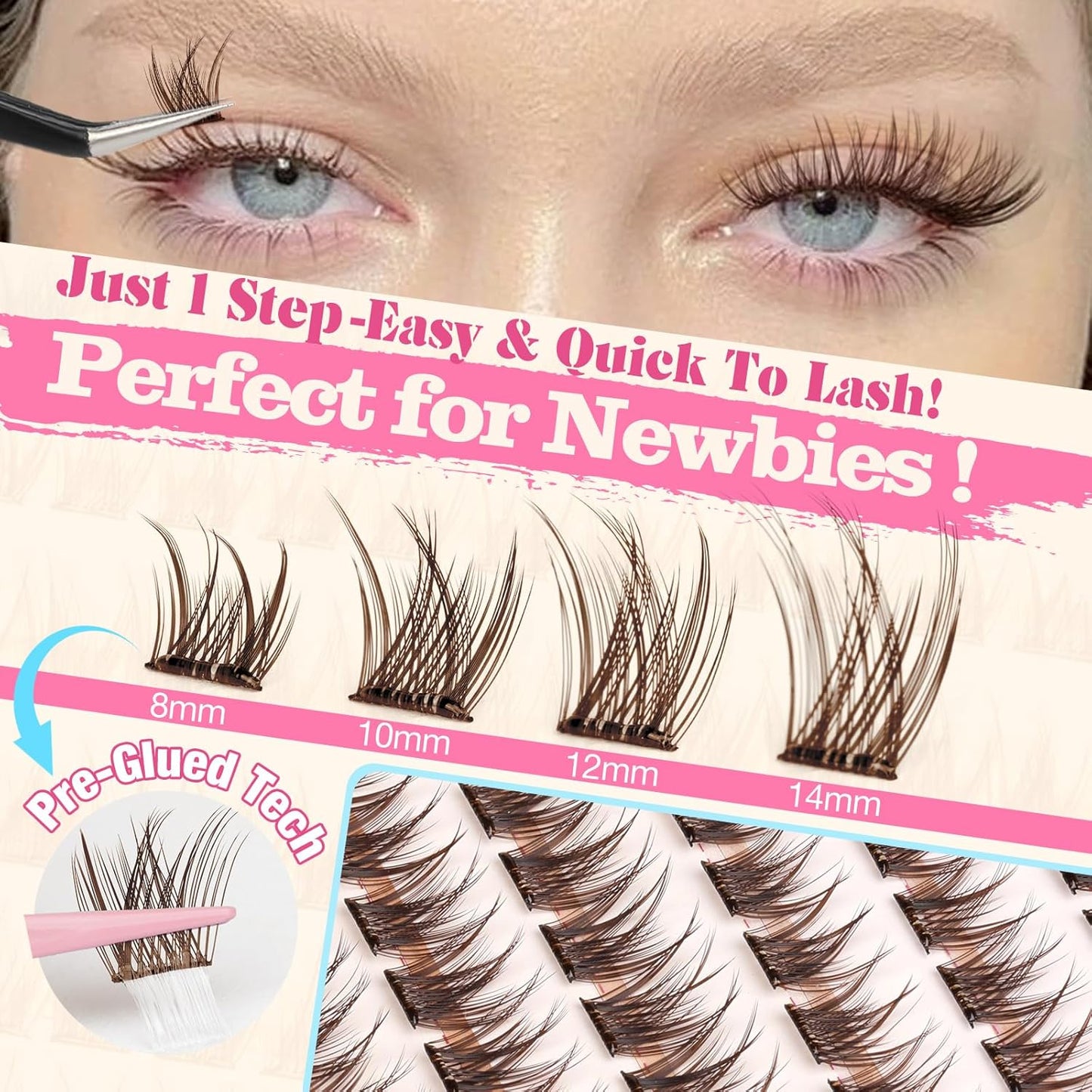 Yawamica Self Adhesive Eyelashes Brown Lash Clusters No Glue Needed Press on Lashes Reusable Pre-glued Eyelash Clusters 8-14mm Wispy Individual Lashes C Curl Cluster Lashes DIY Brown Lash Extension