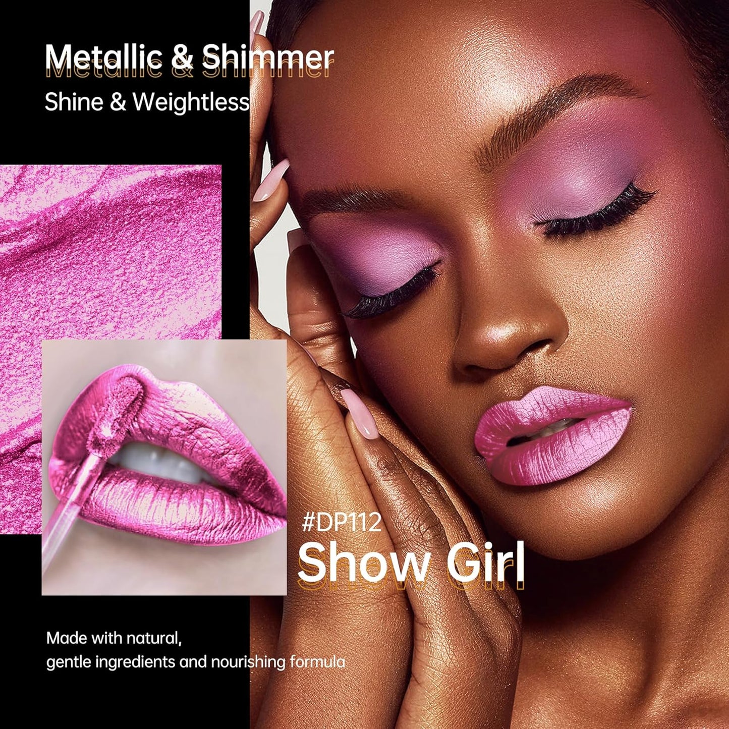 Hot Pink Lipsticks for Women Metallic Lipstick Long Lasting Non Stick Cup Lip Gloss, Shimmer Lightweight Hydrating Full Coverage Lip Color,DP112 Show Girl