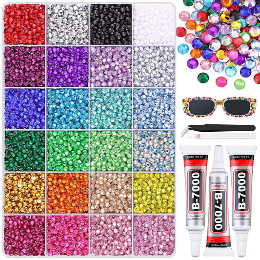 12600Pcs Resin Rhinestones with 3Pcs B7000 Jewelry Glue for Crafting, Multicolors 4mm Non Hotfix Flatback Gems, Bedazzling Crystal for DIY Crafts Clothing Tumblers Mugs Shoes Fabric Decor Nail Art