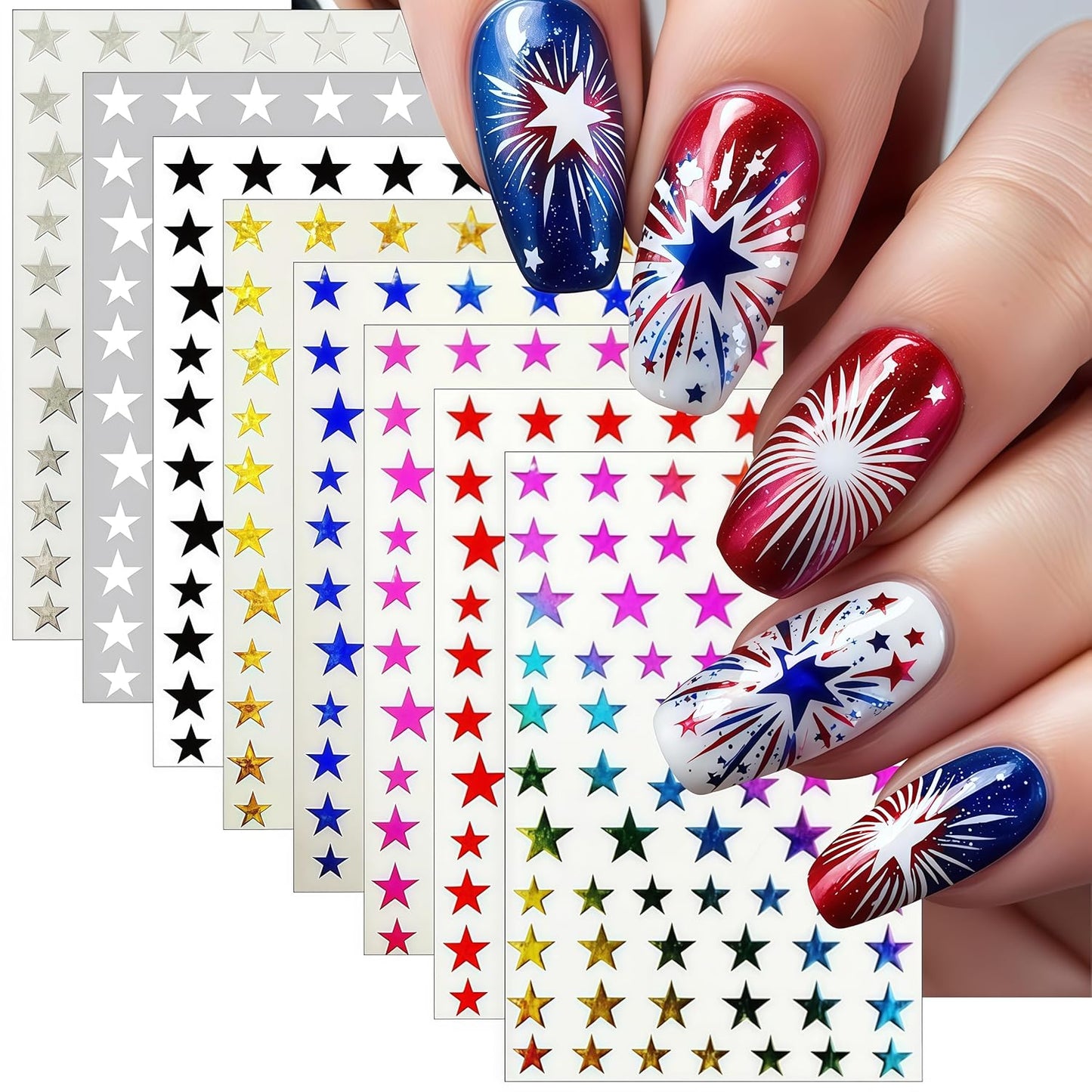 8Sheets Glitter Independence Day Stars Nail Art Stickers 3D Self Adhesive Shiny Glitters Starlight Nail Decals 4th of July Holographic Pentagram Design Decal for Woman DIY Manicure Decoration