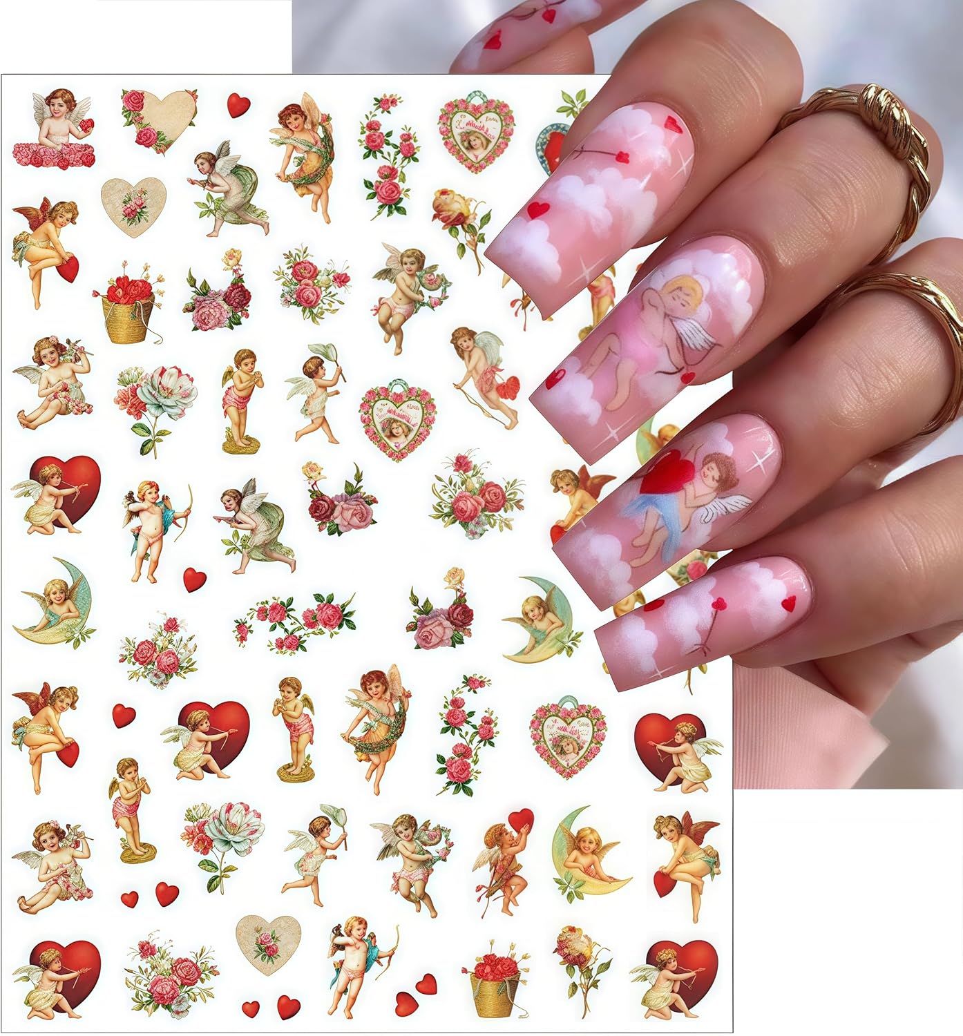 8 Sheets Angel Nail Art Stickers 3D Self-Adhesive Cupid Angel Rose Flowers Wings Heart Design Stickers Decals Valentine's for Women Acrylic DIY Manicure Salon Decoration Kits