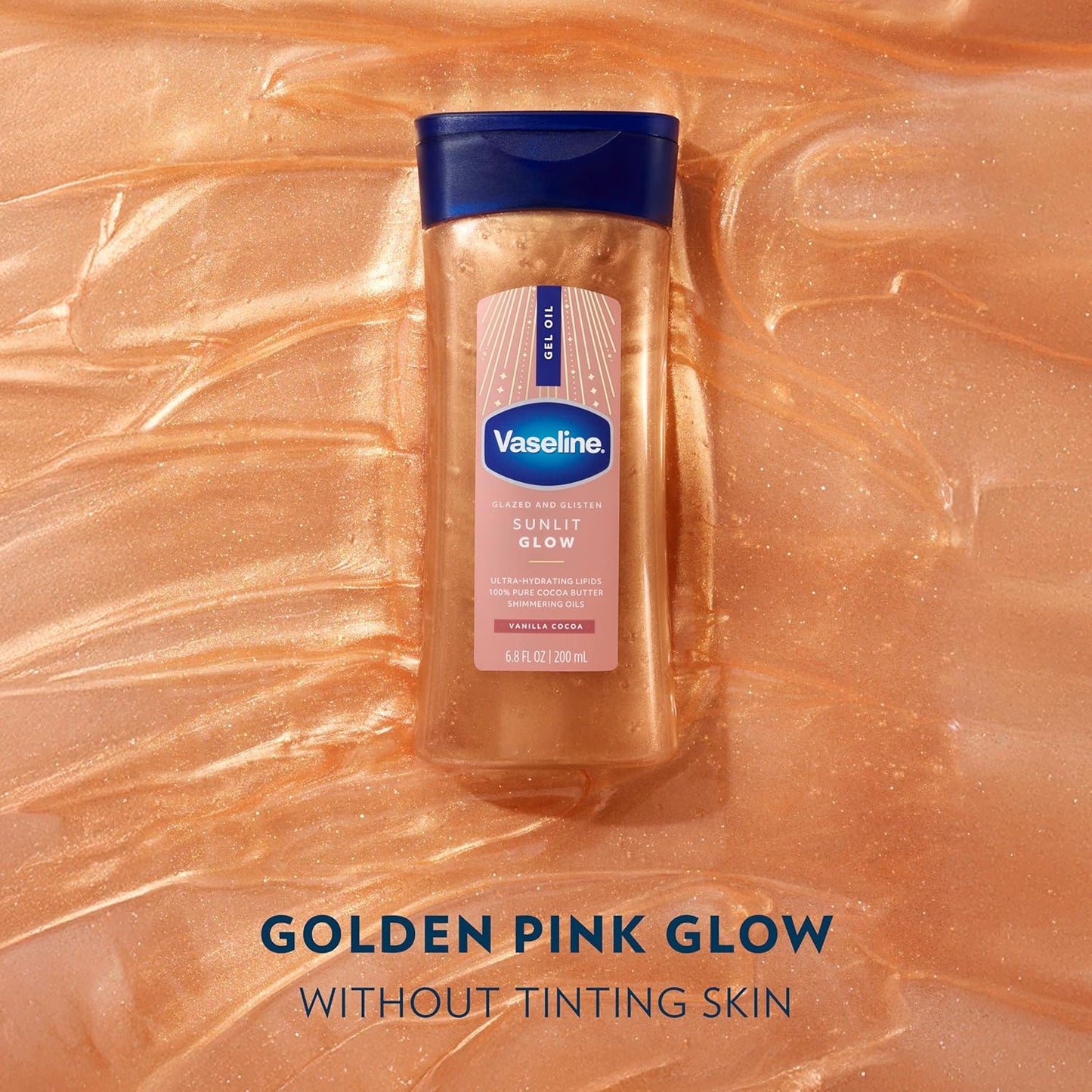 Vaseline Glazed and Glisten Sunlit Glow Body Gel Oil Vanilla Cocoa Shimmering with Ultra-Hydrating Lipids and 100% Pure Cocoa Butter, 6.8 Oz