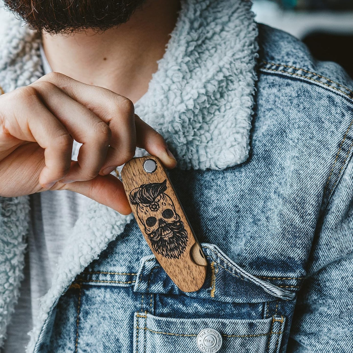 Beard Comb Gifts for Him Wooden Comb for Men Folding Pocket for Moustache Hair Walnut Combs Husband with the Engraving (Fear The Beard) (Model SK)