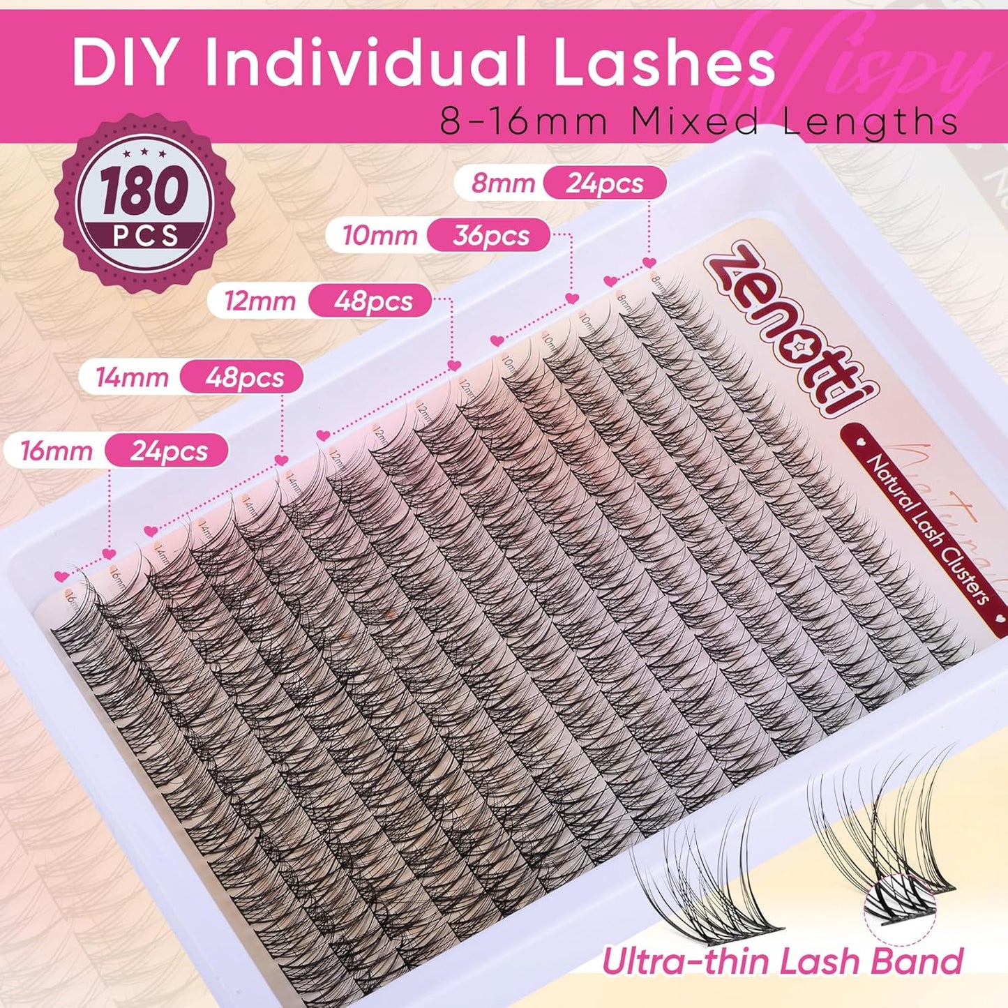 Lash Clusters Natural Look Cluster Eyelash Extensions Wispy Lashes Extensions 8-16mm DIY Individual Lashes 180PCS Thin Band Eyelashes Cluster by zenotti