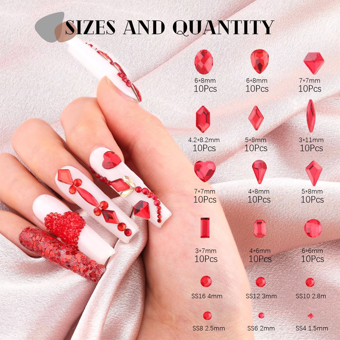 2680Pcs Red Glass Nail Rhinestones 120Pcs Multi Shapes Flatback Nail Gems + 2560Pcs 1.5-4mm Round Crystal, Manicure Nail Charms Diamond Gemstones for Acrylic Nails Decoration