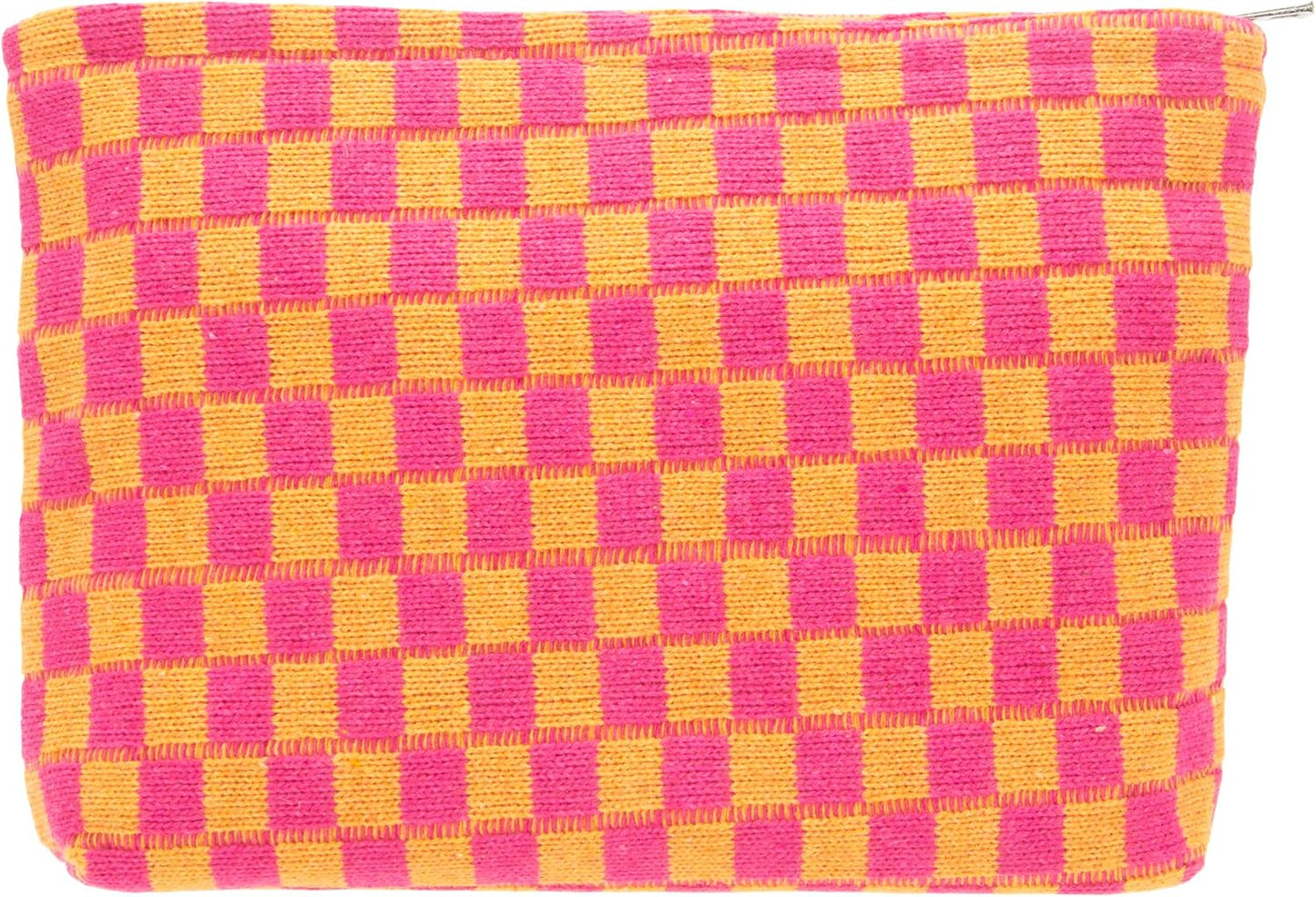 PAZIMIIK Knitted Checkered Makeup Bag Large Zipper Make Up Accessory Pouch for Purse Cosmetic Brush Bag for Travel Red Orange