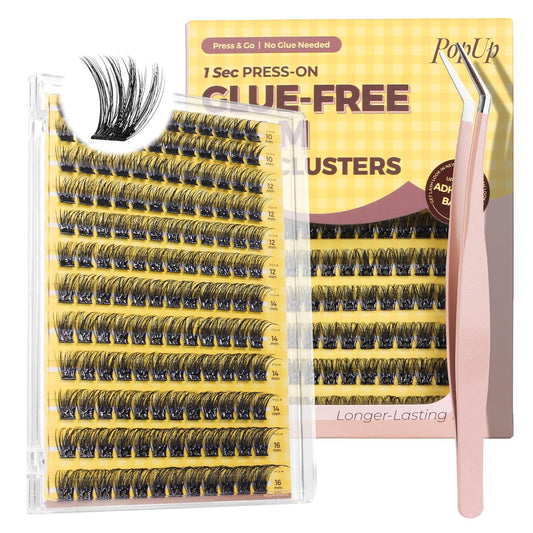 PopUp Self Adhesive Eyelashes Clusters, Press On Lashes Pre Glued Eyelash Extension Kit with Lash Tweezer,10-16mm No Glue No Remover Needed Self Adhesive Lashes Clusters ZNF23-D