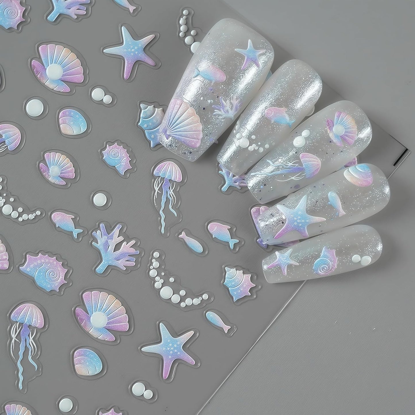 1 Sheets Embossed Shell Starfish Nail Art Stickers 5D Self Adhesive Summer Marine Life Fishtail Pearl Decals for Women Girls Manicure DIY Decorations Exquisite Cardboard Set