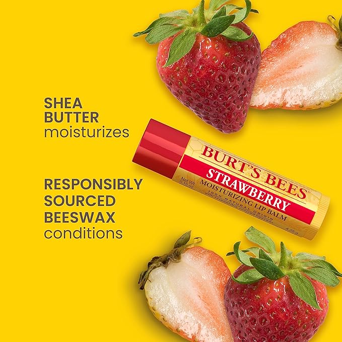 Burt's Bees Lip Balm Mothers Day Gifts for Mom - Strawberry, Lip Moisturizer With Responsibly Sourced Beeswax, Tint-Free, Natural Origin Conditioning Lip Treatment, 2 Tubes, 0.15 oz.