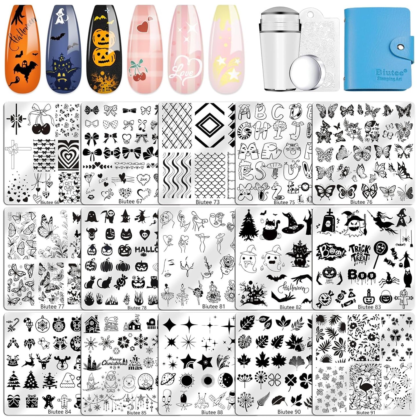 Biutee Nail Stamping Plate 15PCS Nail Stamper Kit Nail Art Stamping Plates Set with Nail Stamper, Scraper & Storage Bag, Nail Stamping Kit Star Bowknot Love Butterfly Leaf Halloween Design Template